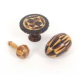 Tunbridge ware – three pieces, comprising a stick ware egg form thimble case with later thimble,