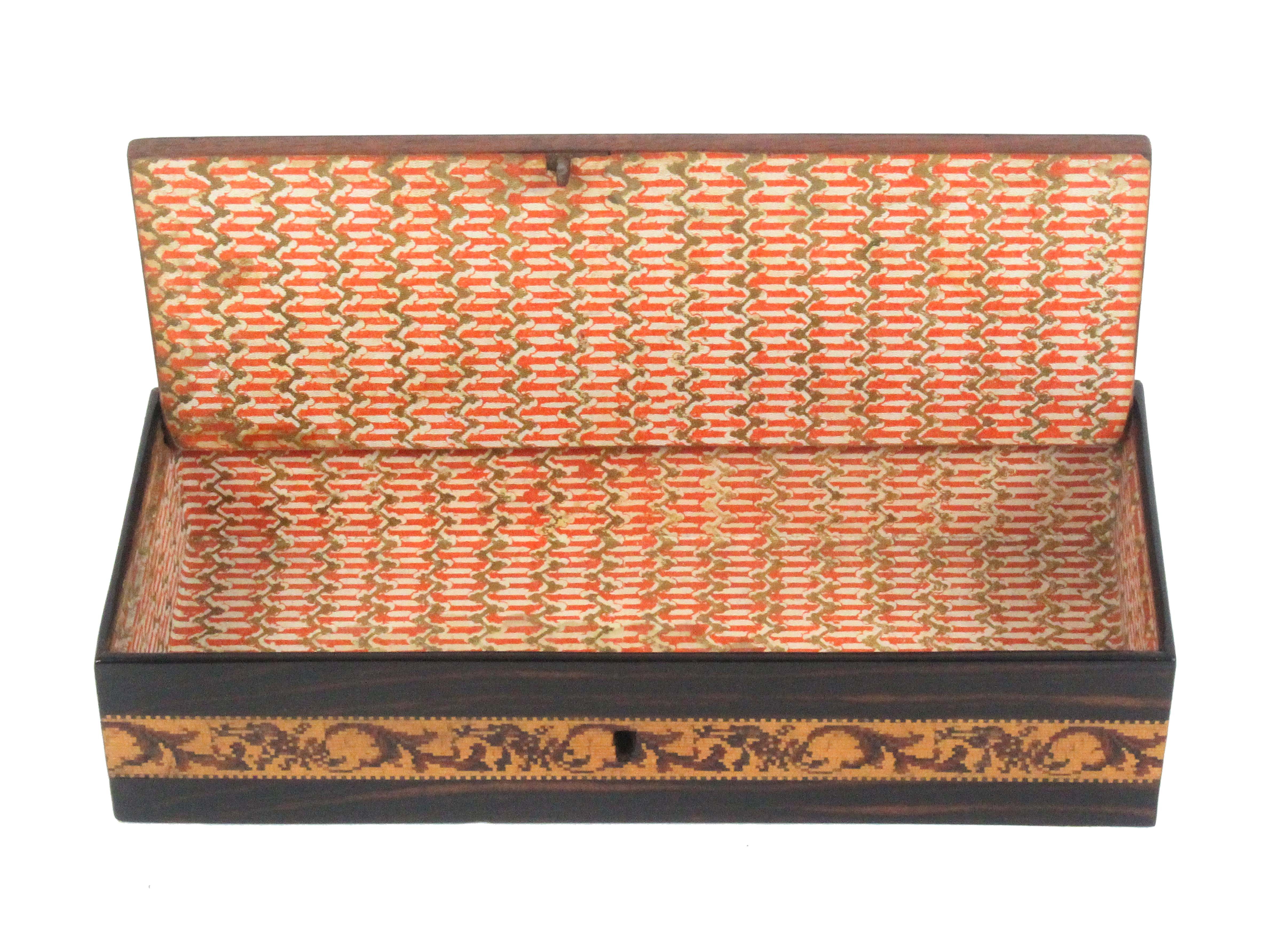 A Tunbridge ware coromandel wood pin hinge box, of rectangular form, the lid with a floral mosaic - Image 3 of 3