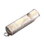 A silver novelty vesta case in the form of a whistle, the engraved cylinder body with vacant shield,
