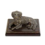 A 19th Century bronze figure of a dog at rest, possibly a Cavalier King Charles Spaniel, glass eyes,