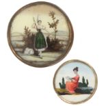 Two 19th Century French circular bonbonnieres, one with domed reverse glass picture of a woman in