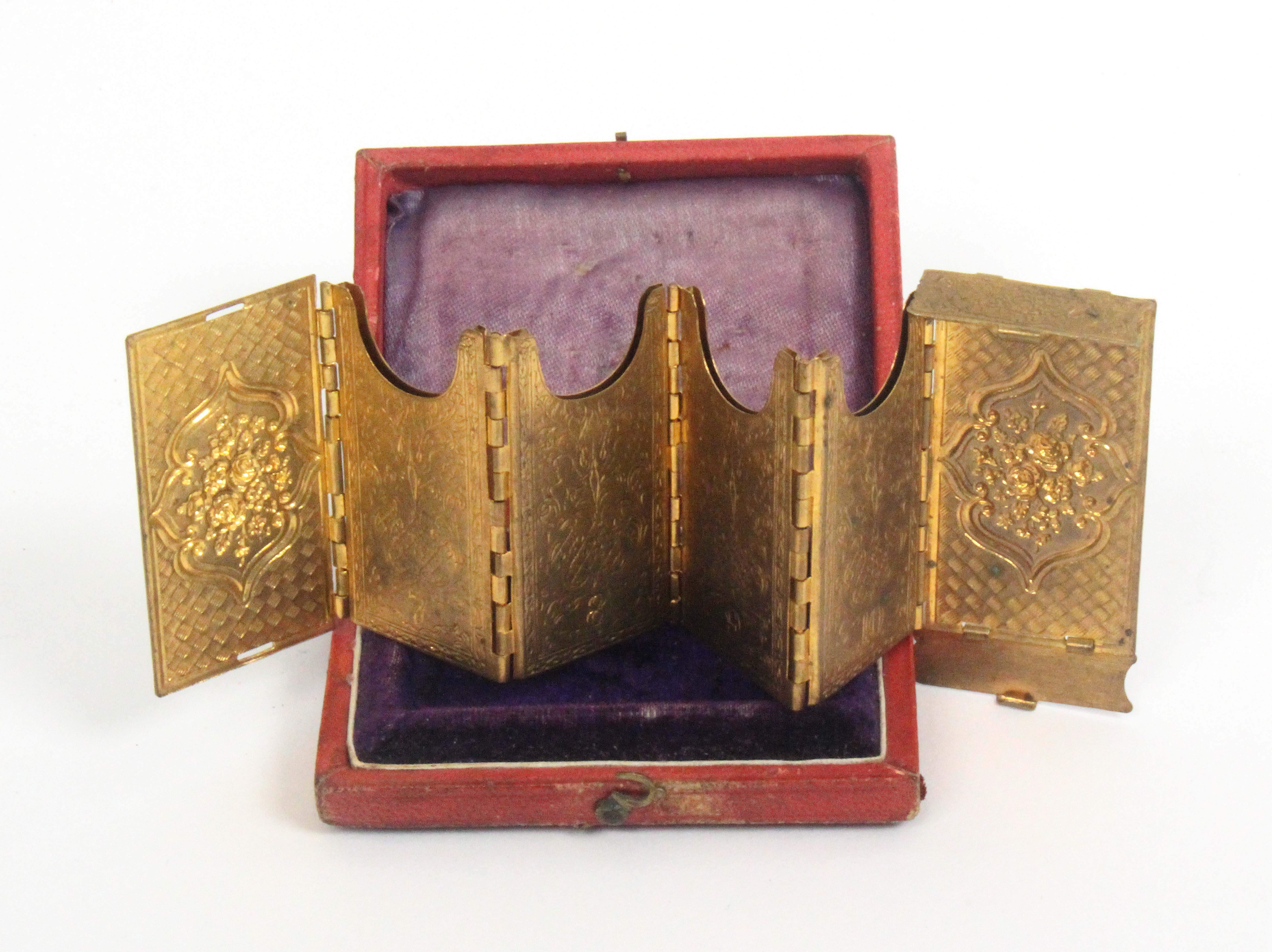 A gilt brass Avery accordion needle packet case ‘Beatrice’, four sections, in original red leather - Image 2 of 3