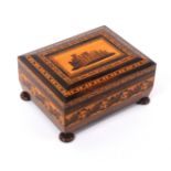 A good Tunbridge ware rosewood fitted sewing box, of sarcophagol form, the lid with a fine mosaic