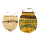 Two 19th Century drawstring bags, the whitework ground with brown beads and a band of colourful