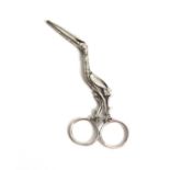 A silver ribbon pull of scissor form modelled as a stork, marked to underside of beak, London