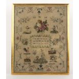 An early Victorian sampler, by ‘Emma Phillips Aged 10 1843’, worked with flowers, figures, a castle,
