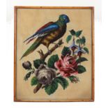 A Victorian bead work picture depicting a parrot, on a branch over roses and fuscia, 45 x 37.5cm