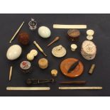 A mixed lot – sewing, comprising two marble hand coolers, a coquilla egg, 6.5cm, a straw work