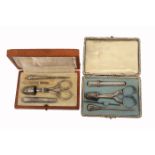 Two 20th Century continental leatherette cased sewing sets, each of rectangular form, one with three