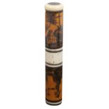 An early 19th Century billet doux or bodkin case, in wood and bone, of cylinder form painted in