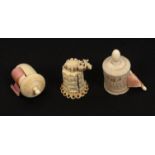Three 19th Century tape measures, comprising an ivory acorn form example the tape printed in