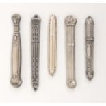 Five 19th Century and early 20th Century continental silver needle cases, all with decorative