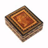 A good Tunbridge ware stamp box, the head of the young Queen Victoria in very fine mosaic within