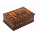 A Tunbridge ware rosewood watch and jewel box of rectangular form, the cushion lid with a fine