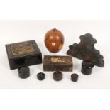 A mixed lot, comprising a modern yew wood apple form tea caddy, 16.5cms, an oriental lacquer box,