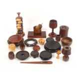Treen – mostly 20th Century, comprising a set of six napkin rings on stand, 26cms, seven oriental