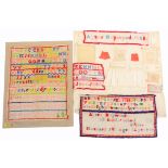 A group of school samplers and sample pieces, mounted on a stitched border cotton panel comprising a