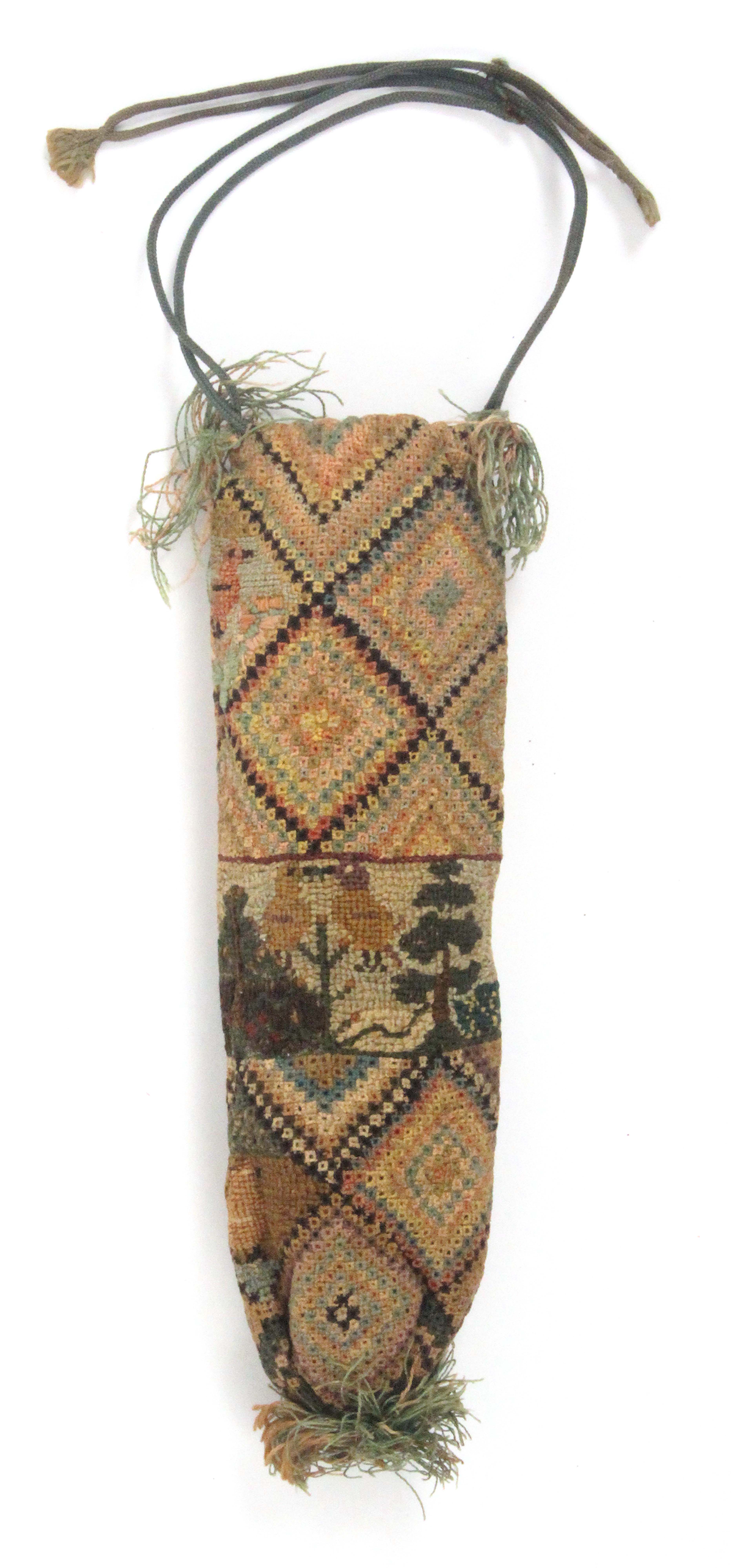 A charming late 18th Century drawstring purse or bag, of narrow cylinder form worked with diamond - Image 2 of 2