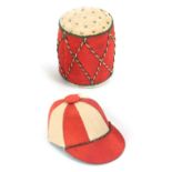 Two attractive material pin cushion, both in excellent condition comprising a jockey cap example