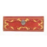 An early 19th Century red and gilt tooled knitting needle and netting case, polished steel catch,