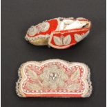 Two pieces of American-Indian bead work, comprising a leather and red cloth moccasin with clear