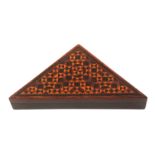 A Tunbridge ware rosewood box of triangular form, the lift off lid in geometric stick ware, 21cms