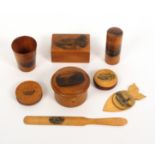 Mauchline ware – eight pieces, comprising a circular reel box (St. Vincents Rocks, Clifton/Clark and