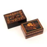 Two Tunbridge ware rosewood boxes, both rectangular with lift off lids, one with central floral