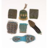 Three 19th Century purses and four other pieces, comprising two bead work examples and a knitted