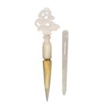 A mother of pearl stiletto/needle case and a similar bodkin, probably Palais Royal, the first