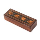 A Tunbridge ware rosewood rectangular box, the lift off lid with a panel of floral mosaic within
