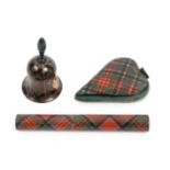 Tartan ware – three pieces, comprising a bell form tape measure (Prince Charlie), tape commencing at