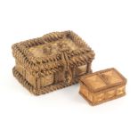 Two Victorian sewing boxes in plaited and woven straw, the first with geometric sides the lid with