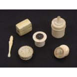 Six 19th Century ivory and bone pieces, comprising a cylinder form go to bed, 5.7cms, a