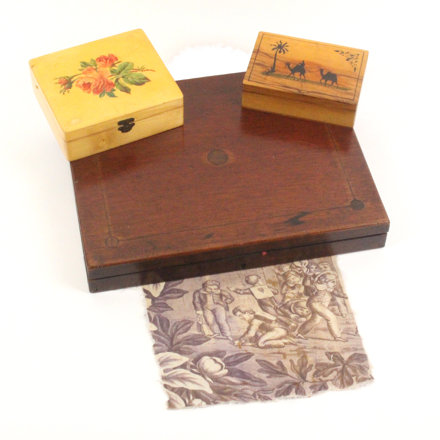 A mixed lot, comprising a floral decorated white wood reel box with printed internal label for ‘J