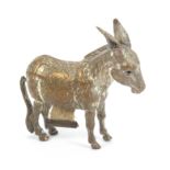 A plated metal novelty tape measure in the form of a standing donkey, the complete printed tape in