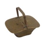 A gilt brass Avery needle packet box ‘Picnic Basket’, basket weave twin lids below upright handle,