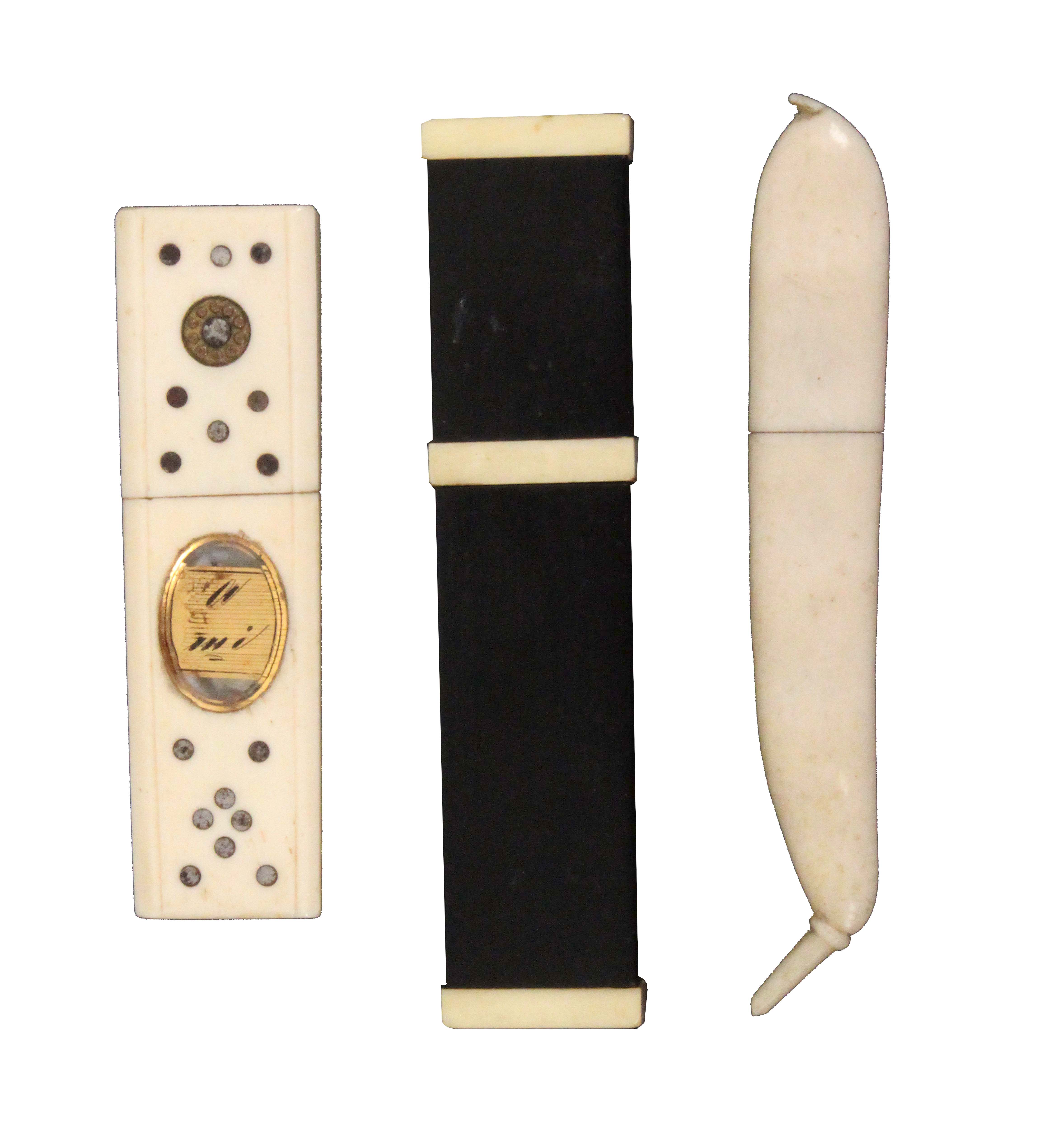 Three 19th Century needle cases, comprising an ebony rectangular example with ivory mounts, 9cm,