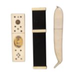 Three 19th Century needle cases, comprising an ebony rectangular example with ivory mounts, 9cm,