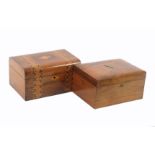 Two late Victorian sewing boxes, comprising a rectangular walnut example with Bramah style lock