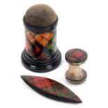 Tartan ware – three pieces, comprising a metal tatting shuttle (Grant), slight bubbling and minor