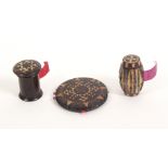 Tunbridge ware – three pieces, comprising a rosewood cylinder form tape measure with domed stickware