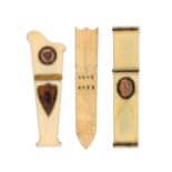 Three early 19th Century ivory needle cases, comprising a harp shaped example, fancy gilt joint