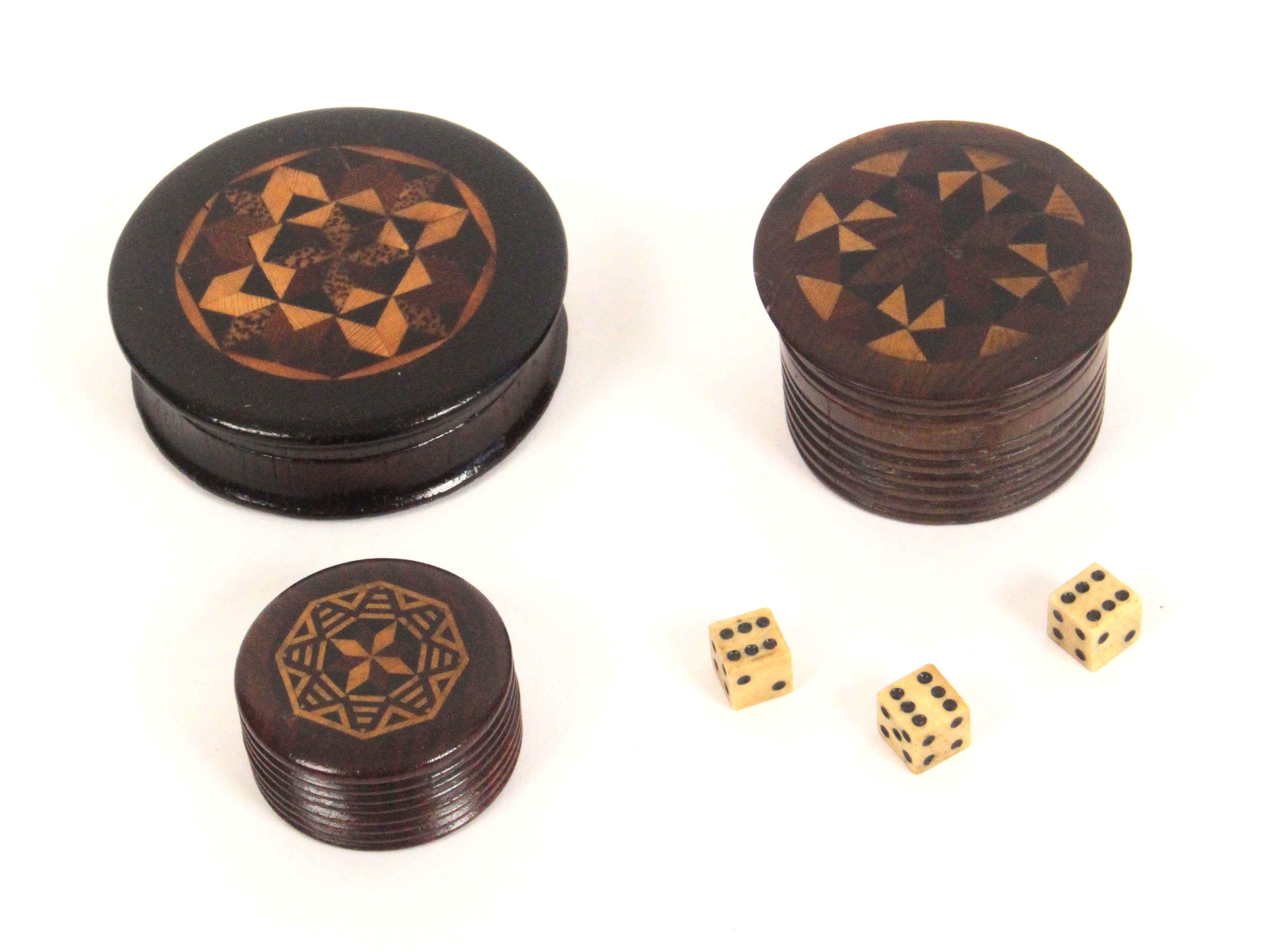 Tunbridge ware – three rosewood turned circular boxes, each with a circular stick ware panel to