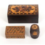 Tunbridge ware – three pieces, comprising a rosewood rectangular box, the domed lid in floral mosaic