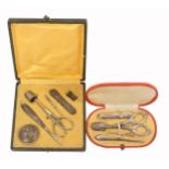 Two early 20th Century continental cased sewing sets, the first in basket weave paper and of