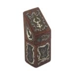 An unusual rosewood slant top needle packet box, each surface inlaid in bone, pewter and brass, 6.