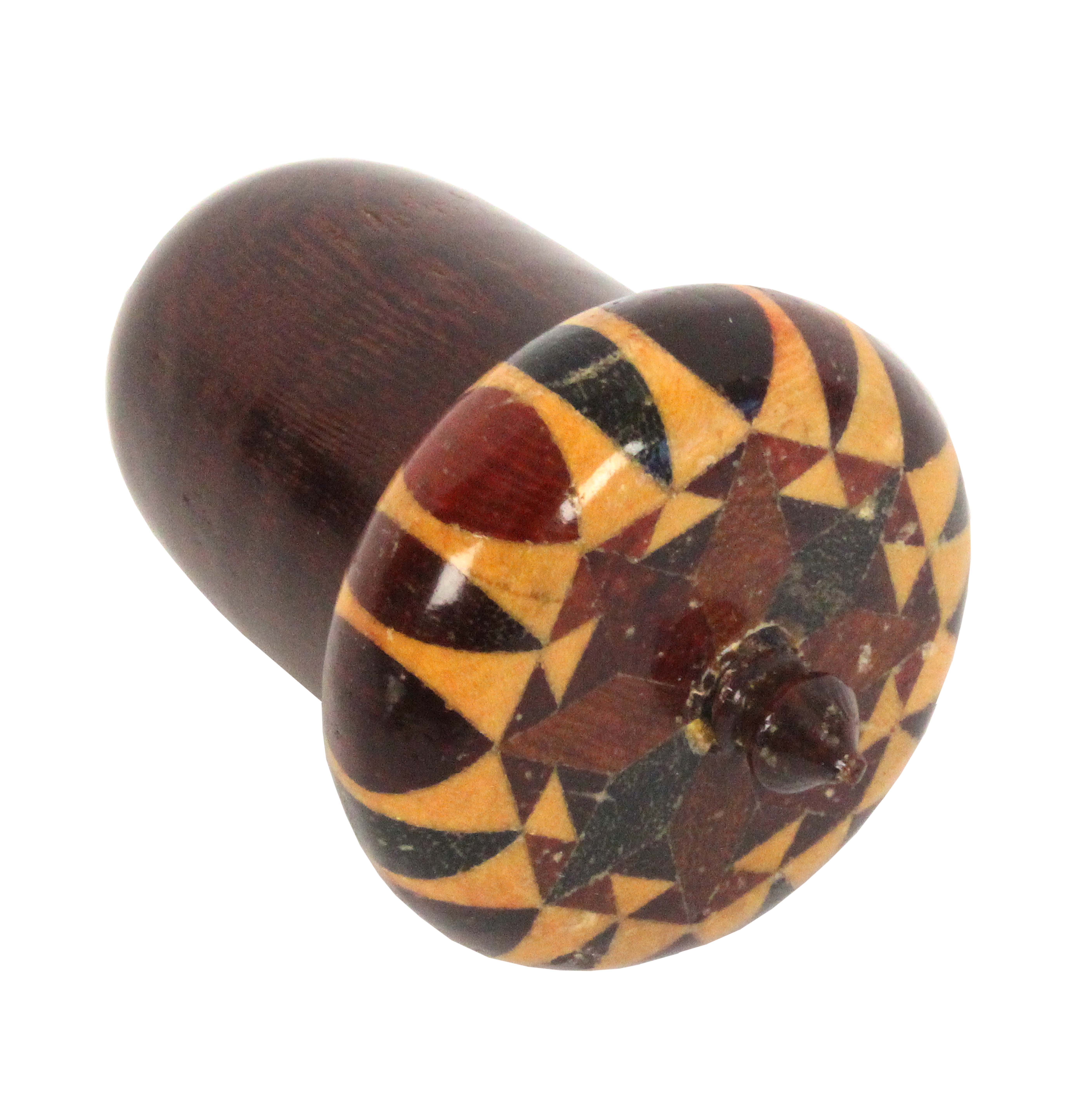 A Tunbridge ware rosewood acorn form thimble case, stick ware top, with a later metal thimble, 5cm.