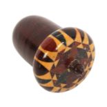 A Tunbridge ware rosewood acorn form thimble case, stick ware top, with a later metal thimble, 5cm.