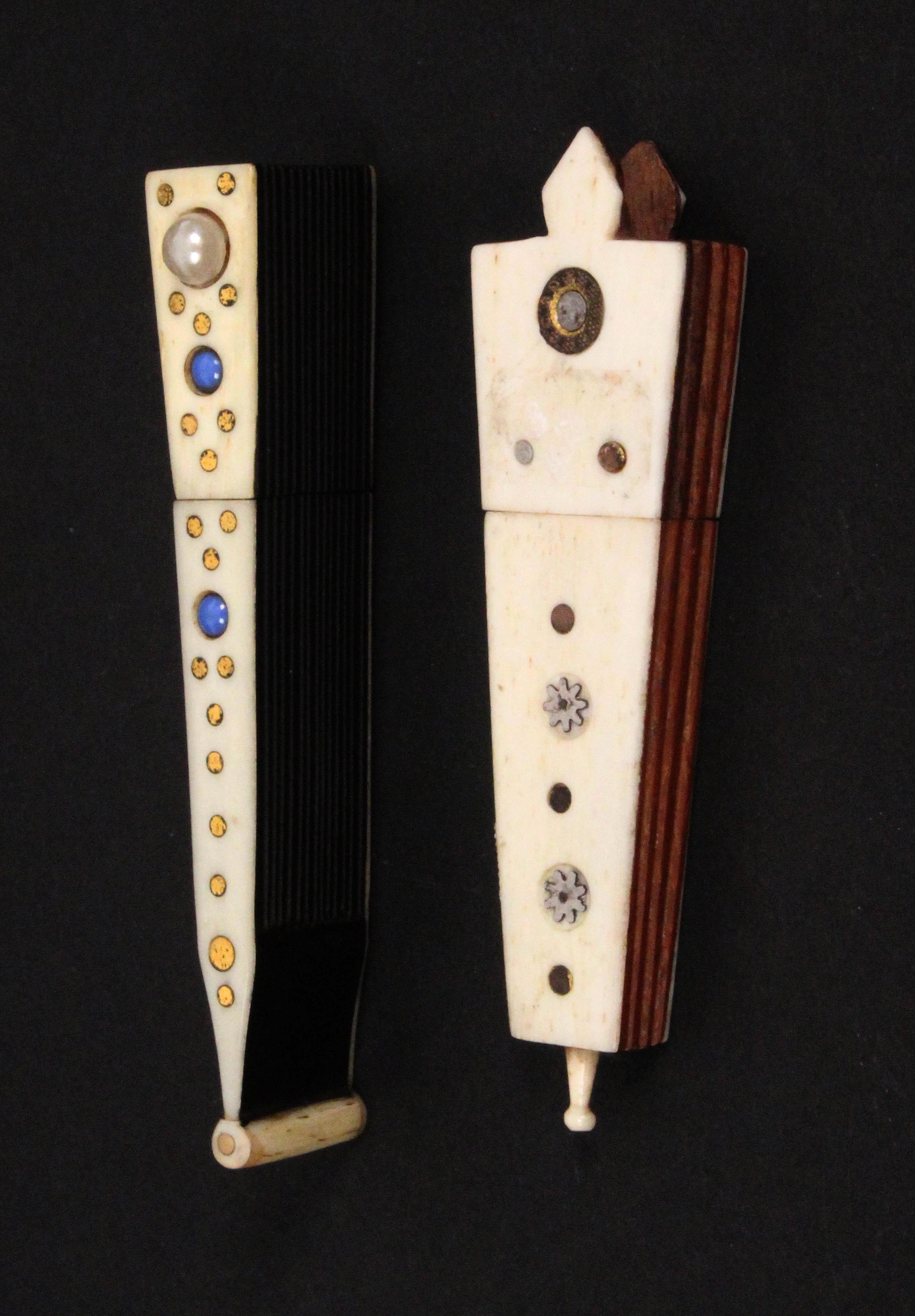 Two mid 19th Century bone mounted wooden needle cases, comprising an example in the form of a closed - Image 2 of 2